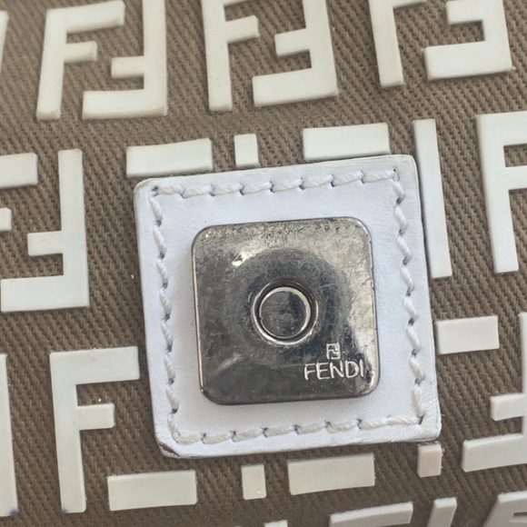 Auth RARE FENDI Tan khaki canvas White rubber zucchino mini mama Baguette Bag - Picture 10 of 15